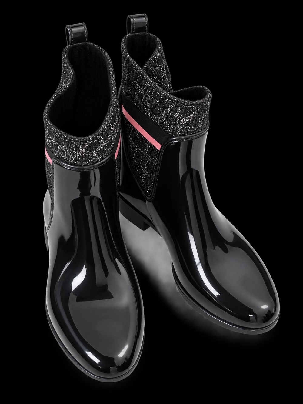 Coach Black Glossy Ankle Rain Boots with Pink Accent